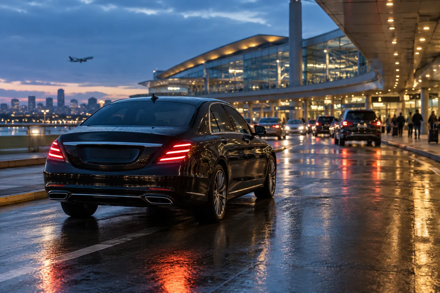 Illustrative black sedan arriving outside a modern airport terminal at dusk