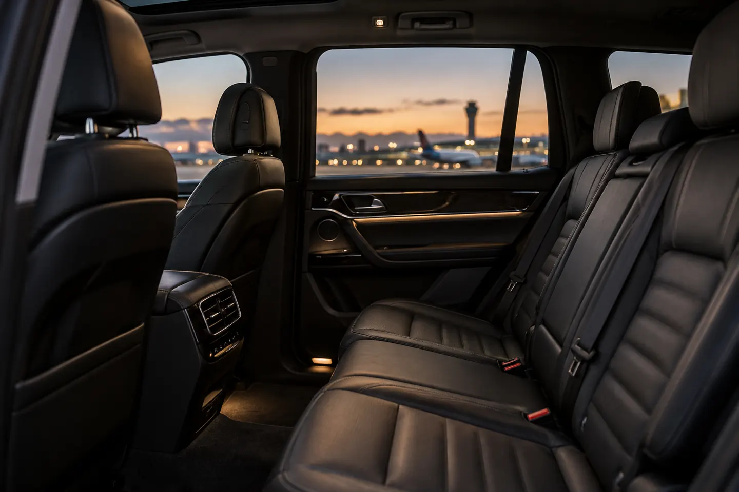 Illustrative rear seating area of a luxury vehicle with airport lights outside